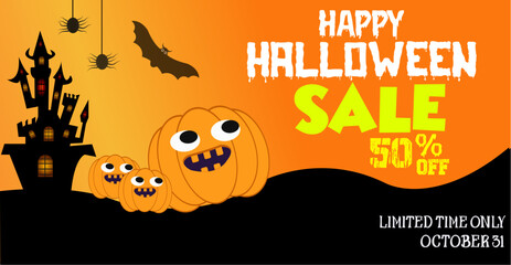Halloween Sale Promotion Poster template. Halloween Cute pumpkins and castle black bats,spider Spooky silhouette background.