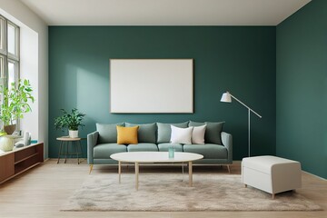 Minimal living room interior background, green empty wall mock up, living room mock up, modern living room with television console and table, scandinavian style, 3d rendering