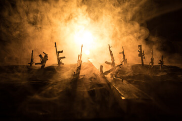 Creative artwork decoration war on Ukraine. Crowd looking on giant explosion and attacking soldiers.
