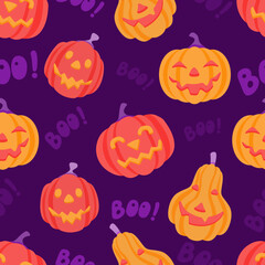 Seamless vector pattern with Halloween pumpkin emotions on a purple background. Cute orange pumpkins, hand-drawn and boo lettering. Jack orange lantern. Design for printing on wrapping paper, fabric