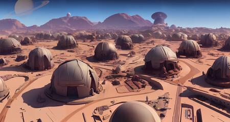 außerirdische Stadt auf einem fremden außerirdischen Planeten, kugelförmige Gebäude in Wüstenlandschaft