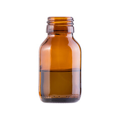 Half filled Pharmaceutical brown bottle isolated on white background. Opened medicine bottle.