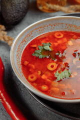 Traditional russian Solyanka or saltwort soup. Selective focus. photo for the menu, traditional food