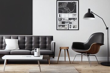 Stylish and retro living room with design vintage wooden commode, chair, footrest, black lamp and elegant personal accessories. Mock up poster map on the wall. Template. Vintage home decor.