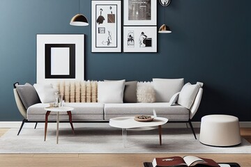Stylish composition of cozy living room interior design with mock up poster frame, fluffy armchair, folding screen, coffee table, commode and personal accessories. Modern style. Template.