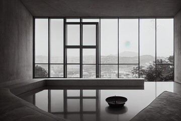 beautiful modern house in cement, interiors, view from the living room