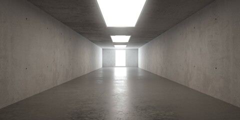 Abstract empty, modern concrete hallway with ceiling lights and reflective floor - industrial interior background template