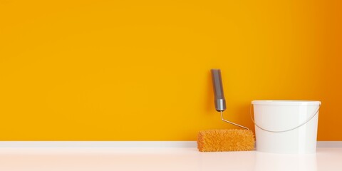 Orange paint roller leaning against orange wall with white paint bucket in empty room background, home improvement, renovation or construction work concept © Shawn Hempel