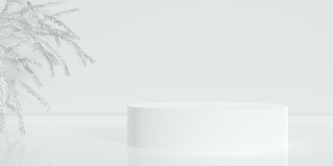 White empty room, blank round dais, podium or platform background with white abstract tree and reflective floor, rectangular product presentation template mock-up