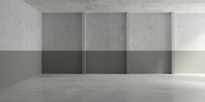 Abstract Large, Empty, Modern Concrete Room, Half Painted Walls, Indirect Light From Right Side And Concrete Floor - Industrial Interior Background Template