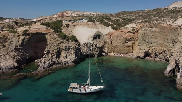 Tsigrado Beach Aerial View in Milos, Cyclades Island in Aegean Sea, Greece