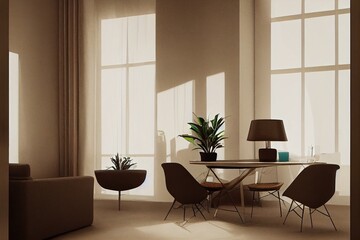 Modern home design, vase of plant, middle table lamp and chair style, interior room.