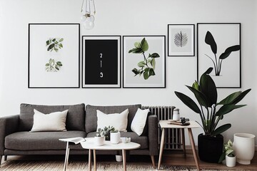 Stylish scandinavian living room and dining room with design mint sofa, mock up poster map, plants and elegant personal accessories. Modern home decor. Open space. Template. Ready to use.