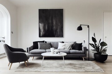 Stylish scandinavian home interior of living room with design gray sofa, armchair, marble stool, black coffee table, modern paintings, decoration, plant and elegant personal accessories in home decor.