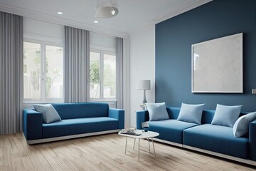 Stylish blue and beige guest room interior with couch and commode with decoration, coffee table on parquet floor. Minimalist relaxing space and armchair with lamp, 3D rendering