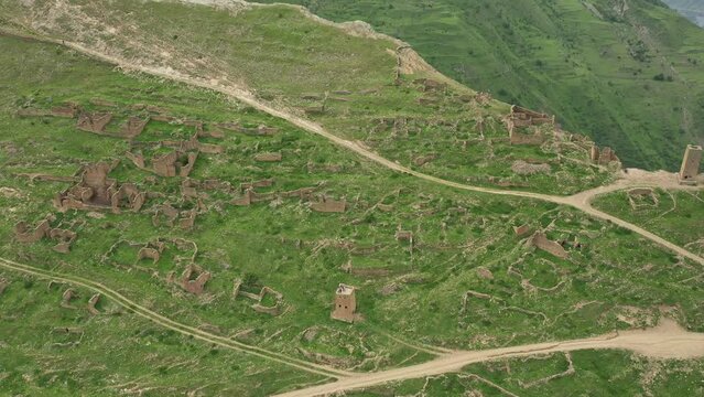 Drone footage of ancient historic Goor old village with famous towers in highlands of Dagestan