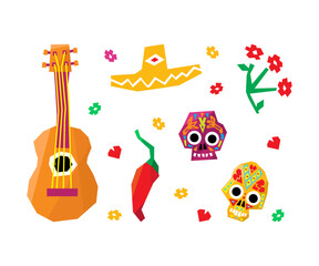 Mexican Symbols with Guitar, Sombrero Hat, Chili Pepper and Skull Vector Set