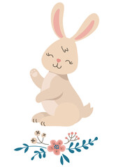 Cute Bunny isolated on white background. Festive bunny with flowers. Kids illustration. Vector