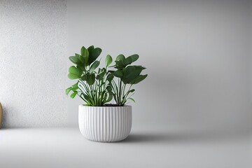 White brick kitchen interior with white countertops and a potted plant near the wall. A front view. 3d rendering mock up