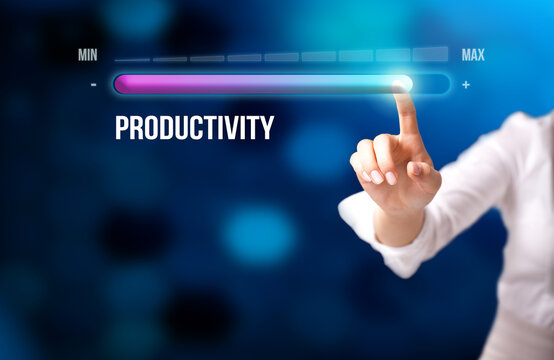 businesswoman using a MIN - MAX slider to increase PRODUCTIVITY in front of an abstract background