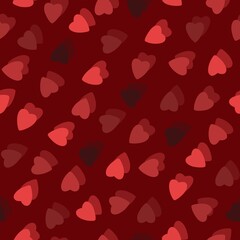 Simple colorful hearts seamless pattern chaotic on red background made of tiny heart silhouettes of overlapping layering effect.For Valentines,mothers day,Easter,wedding,gift wrapping paper,textiles