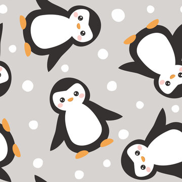 grey pastel color penguins cute seamless winter pattern for baby girl and boy, fabric and textile kawaii print, gift wrapping paper colorful kids design