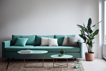 Stylish scandinavian living room interior of modern apartment with mint sofa, design coffee table, furnitures, plants and elegant accessories. Beautiful dog lying on the couch. Home decor. Template.