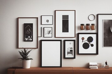 mock up poster frames in hipster kitchen interior background, Scandinavian style, 3D render, 3D illustration