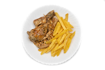 A plate of garlic chicken with pommes frites. On white background. Spanish food concept.