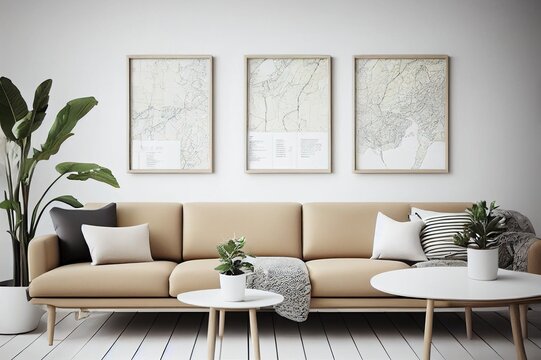Modern scandinavian living room interior with mock up poster frame, design retro commode, maps, flowers in vase and elegant accessories. Beige wall. Japandi. Template. Stylish home decor.