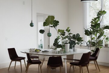 Bright dining room with table, chairs, bookshelf and green plant