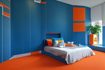 Stylish blue and orange kid's bedroom design in bright apartment
