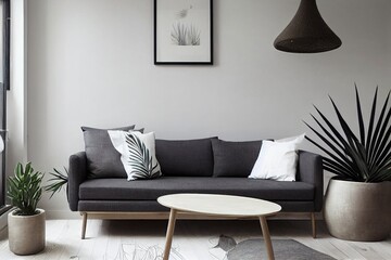 Scandinavian and design home interior of open space with wooden commode, gray sofa, design black rattan decoration, tropical leafs and elegant personal accessories. Stylish art home decor. Template.