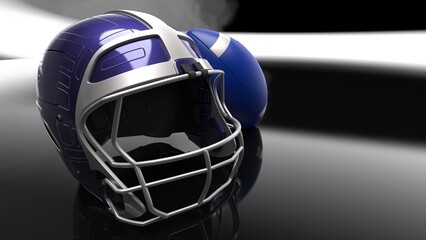 Fototapeta premium American football Blue-Silver helmet and Blue-Silver Ball under foggy black laser lighting. 3D illustration. 3D CG. 3D high quality rendering.