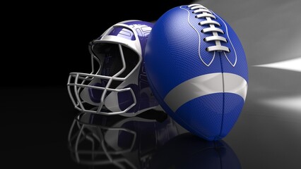 American football Blue-Silver helmet and Blue-Silver Ball under foggy black laser lighting. 3D illustration. 3D CG. 3D high quality rendering.