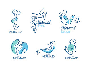 Mermaid Logo Design with Aquatic Creature Having Fish Tail Vector Set