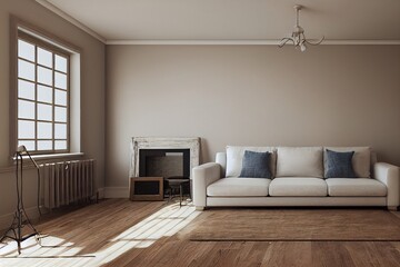 Mockup frame in farmhouse living room interior, 3d render