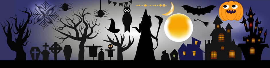 Halloween All Design Element in one Package. Halloween background copyspace, mysterious landscape Tombstone graveyard,cartoon witch house,Haunted house, Pumpkins oWl and bats.Spooky Horor Cartoon Scen