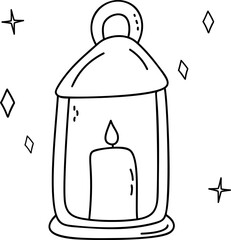 Cute hand drawn design of candle lantern in doodle style.Christmas lantern with candle. Black outline.