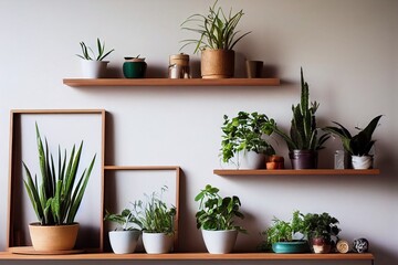 Interior design of living room with brown mock up photo frame on the green shelf with beautiful plants in different hipster and design pots. Elegant personal accessories. Home gardening. Template.