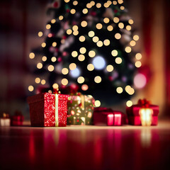 Fototapeta na wymiar Blurred Christmas background with Christmas tree and gifts 3d illustration
