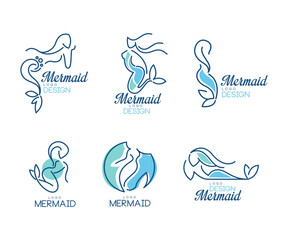 Mermaid Logo Design with Aquatic Creature Having Fish Tail Vector Set