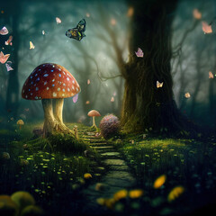 mushroom fairy house in an enchanted forest
