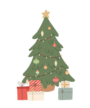 Christmas tree with gift boxes, decoration and lights. Xmas pine and wrapped presents. New year holidays. Flat vector illustration.