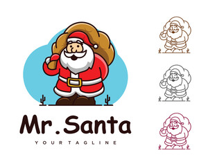 cartoon Christmas illustrations isolated on white. Funny happy Santa Claus character with gift, bag with presents, waving and greeting