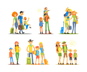 Fototapeta premium Happy Family with Children Traveling on Summer Vacation with Suitcase and Backpack Vector Set