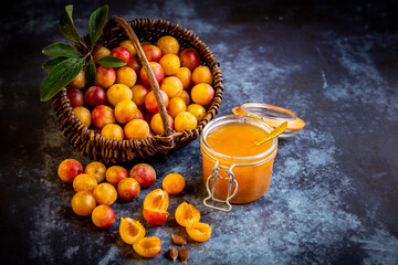 Panier de mirabelles et pot de confiture de mirabelles