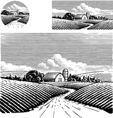 Vintage Farm Scene illustration.  Hand drawn illustration in a vintage woodcut or etched style.  The illustration is of a old country road winding between fields to a barn and silo surrounded by trees
