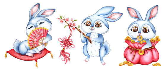A set of watercolor illustrations of blue rabbits with a fan, with a keychain and in a bag of money. Holiday, celebration, New Year. Ideal for t-shirts, cards, prints. Isolated on white background