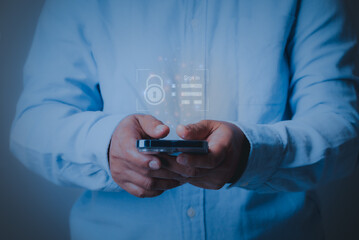 business woman using smartphone for Username and password to login on screen, cyber security concept. Data protection and secured internet access, idea cyber security on smartphone .